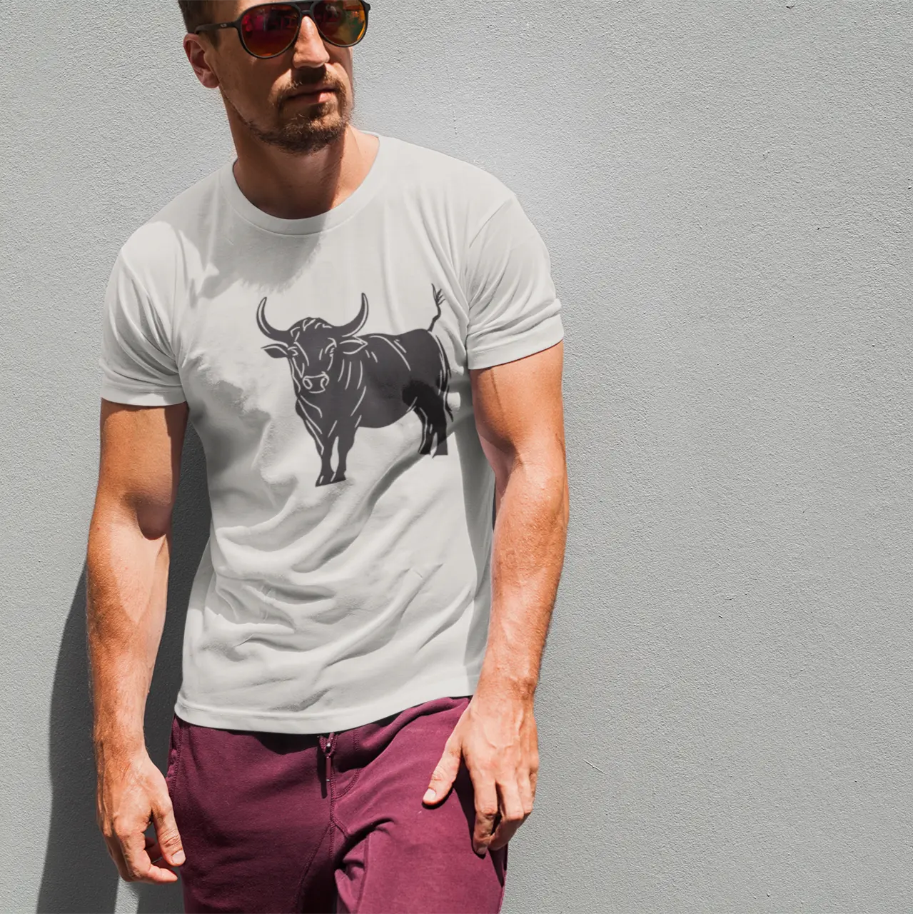 Bull Tee – Off-Centered Bull Design Graphic Shirt – Unique Casual Wear for Men and Women